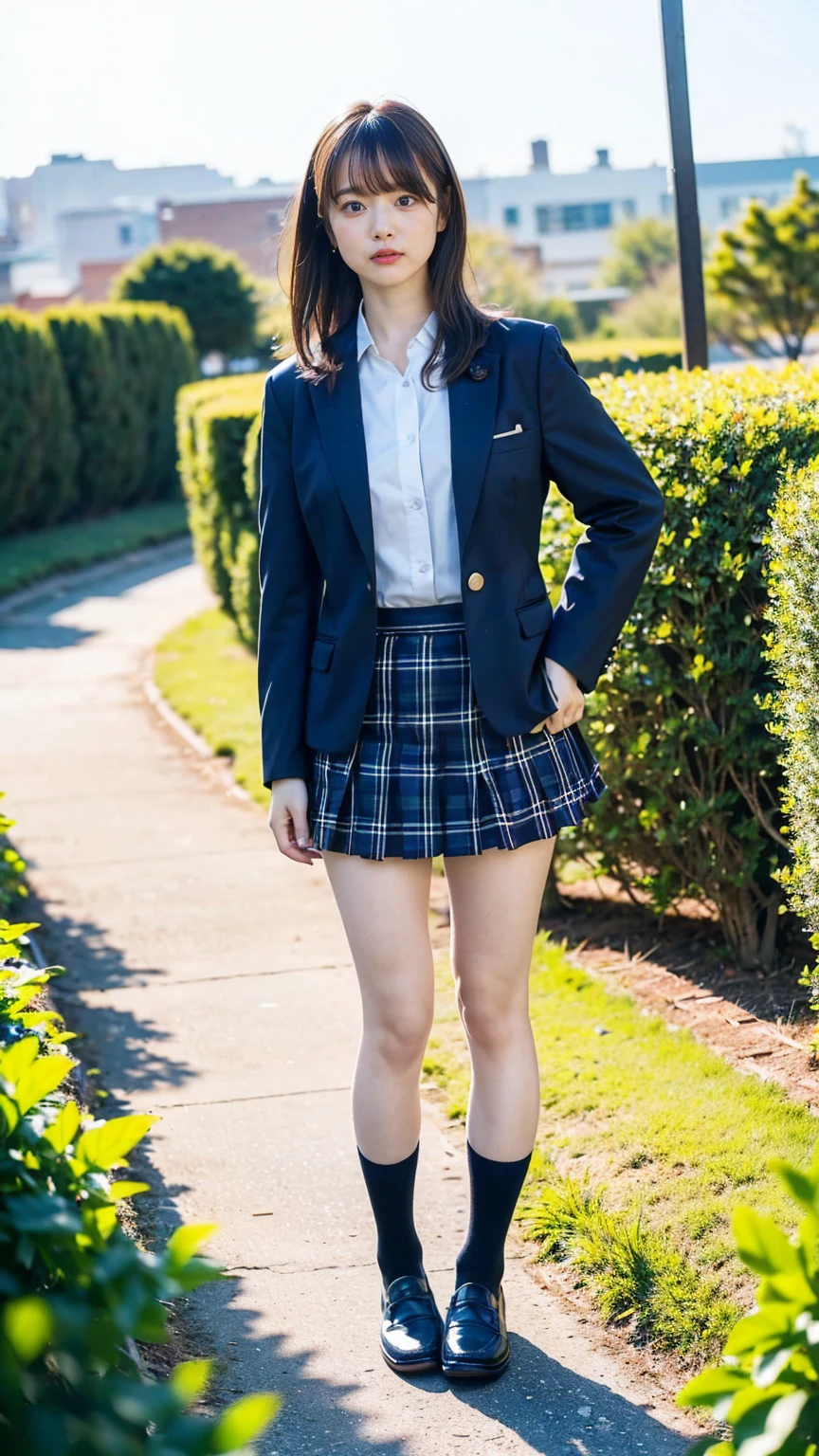 (8K、RAW Photos、Highest quality、masterpiece:1.2)、(Realistic、Realistic)、1 Girl、((Black Check Mini Skirt、High School Uniform、blazer、Navy Socks、loafers、Medium Hair、garden、View from the front、Looking into the camera、Stand with hands on hips))、cute