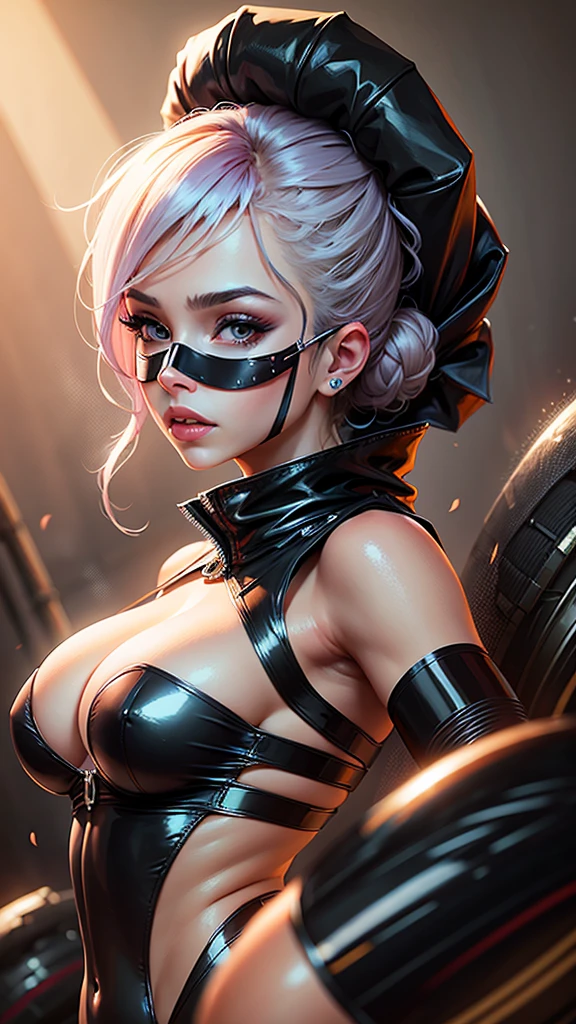 Beautiful woman wearing a mask, a sleeveless top and latex gloves