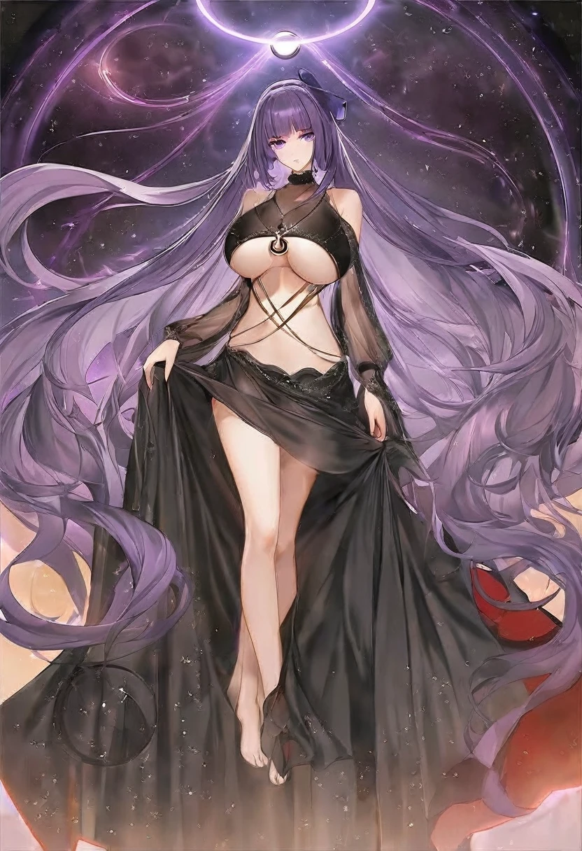 Athena，Extra long purple hair，Purple Eyes，Wearing black silk，Purple long skirt，Black long skirt，But the long skirt is very sexy and revealing，barefoot，A black hole in the universe，Purple and black black hole