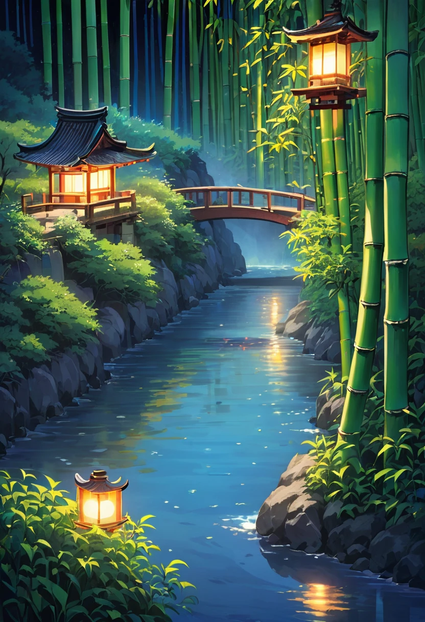 "Tanabata Night、Under the shining starry sky、Bamboos decorated with many strips of paper are swaying along the bank of a stream surrounded by bamboo forest.。Colorful wishes are written on the strips of paper.、The sound of bamboo rustling in the wind brightens up the quiet night。A small lantern floats on the river、A faint light reflects on the water。In the background、Distant Mountain々And the full moon appeared、It creates a romantic atmosphere。"