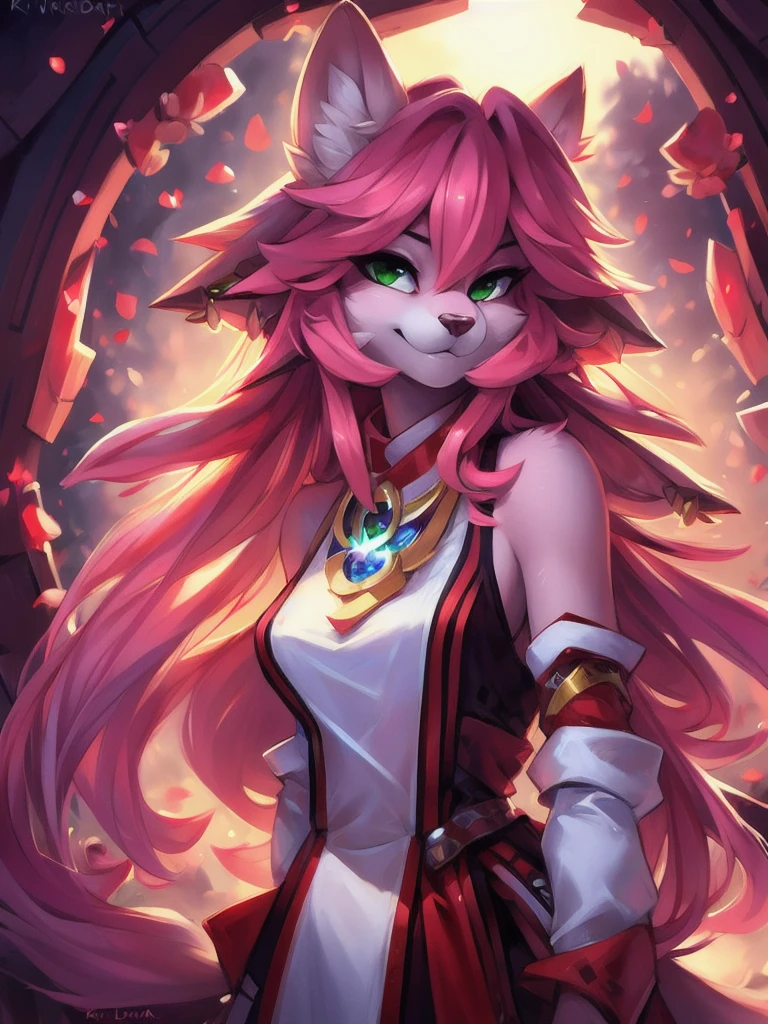 A beautiful and detailed (sweet portrait) wa, Star Fox, sslim, lovable, green eyes, medium breasts, (((Long hair 1.3))), Decollete, anthro, furry, Uploaded E621, detailed fluffy fur, (wa Fluff-Kevlar, Bayard Wu, personalize me, Pino Daeni), detailed face, (fluffy), 1 girl, alone,