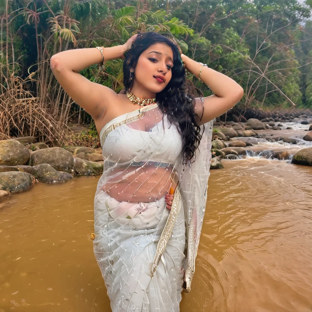 photo of a woman, wearing a white transparent saree outfit, flat matte background, navel, RAW photo, 8k uhd, dslr, soft lighting, high quality, film grain, Fujifilm XT3,1girl big breast, widehips, thick curvy, milf wearing pink blouse and transparent white fishnet saree, sexy saree, navel exposed, sleevesless saree, hands behind head, pose, head slight up, suggestive pose, adult movie, photo, thick milf, makeup, lipstick, bimbo lips, sexy chin shelf pose, massive round breast , hoichio, adult web series, bengali actress, huge breasts, venus body type,,saree model, exotic movie, moving rating:explicit, full body, river side, coming out from river, completely wet saree, clothes, hair, wet face from water, hands up, on head, full body out of river, knee in river,


 