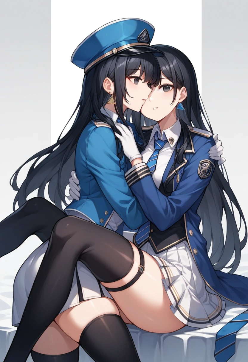 beautiful girl, black hair, hat, necktie, thighhighs, blue necktie, gloves, white gloves, long hair, skirt, black thighhighs, jacket, jacket on shoulder, white skirt, vest, black eyes, uniform, bangs, triangle earrings, collared shirt, blue jacket, parted lips, thigh strap, striped necktie, blue headwear,  (*********** between her thighs or between her arms, arm lock,  leg lock), between her thighs ,leg lock,scissorhold, chokehold, , assertive_female, 2 girls