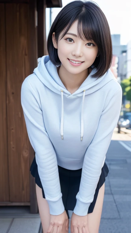 (masterpiece:1.3), (8K, Photorealistic, RAW Photos, Best image quality: 1.4),20 year old cute Japan woman、(short hair)、(Perfect body)、(Perfect proportions)、Super detailed face、double eyelid、Sharp focus:1.2、Jet Black Hair、Straight Hair、Highest quality、masterpiece、Ultra-high resolution、(Photorealistic:1.4)、(hoodie)、(Flared mini skirt)、whole body, Long legs、Highly detailed face, Beautiful Eyes, double eyelid、Are standing、sunny、Bend over and peer at me、smile、Tokyo cityscape、Outdoor、blue sky