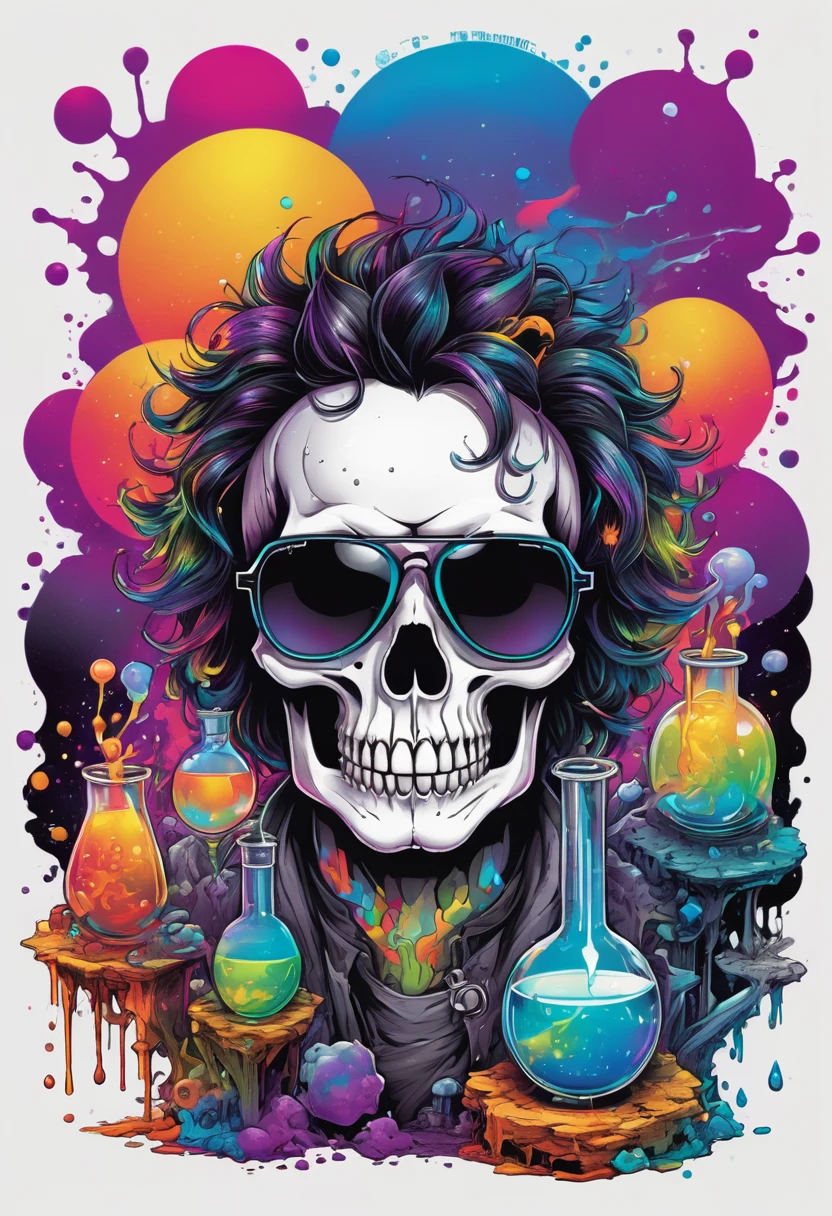 Design a t-shirt featuring a fantasy skullart illustration of a  scientist scary skull with curley hair, sunglasses, colorful glowing chemical laboratory glassware, Combine a detailed black and white drawing with vibrant, colorful digital fantasy style chemical elements. Draw inspiration from the intricate and dynamic styles of Dan Mumford, junko mizuno, and Frank Frazetta.negative space