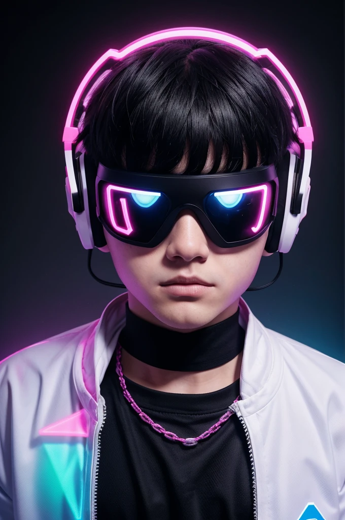 A boy wearing white outfit with a black collar. His hands together in a jujutsu symbol and he wear a digital black vr head set in his eye's with the text "FT. WILLYYY" in white glitch font. The back ground is vibrant with predominantly in pink and blue neon lights. Its giving a cyberpunk aesthetic feel