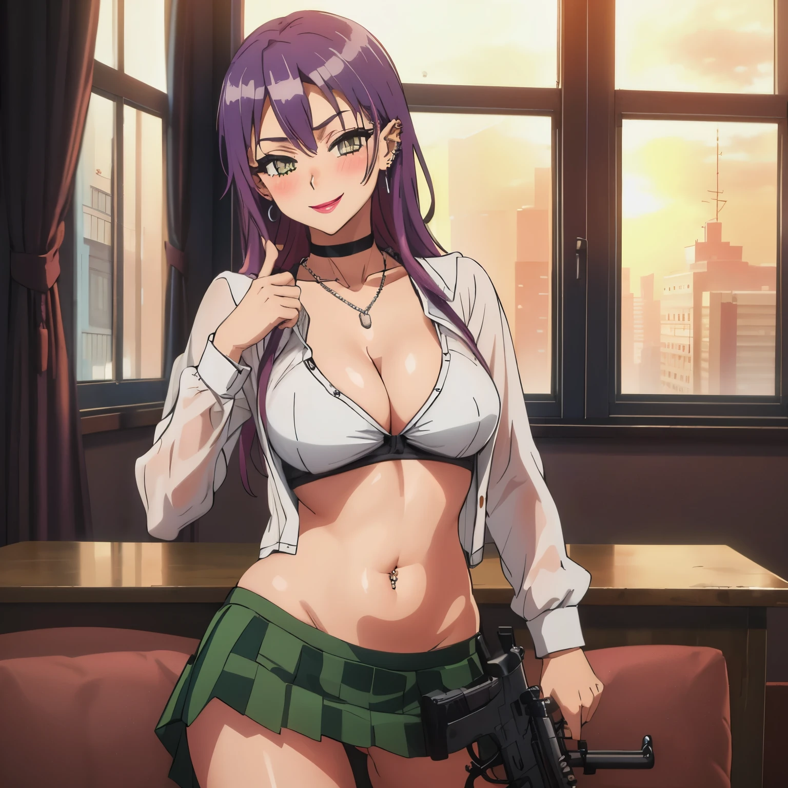 2girl, two girl, long hair, long hair, choker, ear piercing, navel piercing, blush, lipstick, masterpiece, best quality, ((unbuttoned , cleavage, necklace, earrings, sexy body,
breasts)) , micro skirt, smiling, navel , exposed belly, exposed navel,,school, knot,
classroom , holding a gun, hold a gun, 