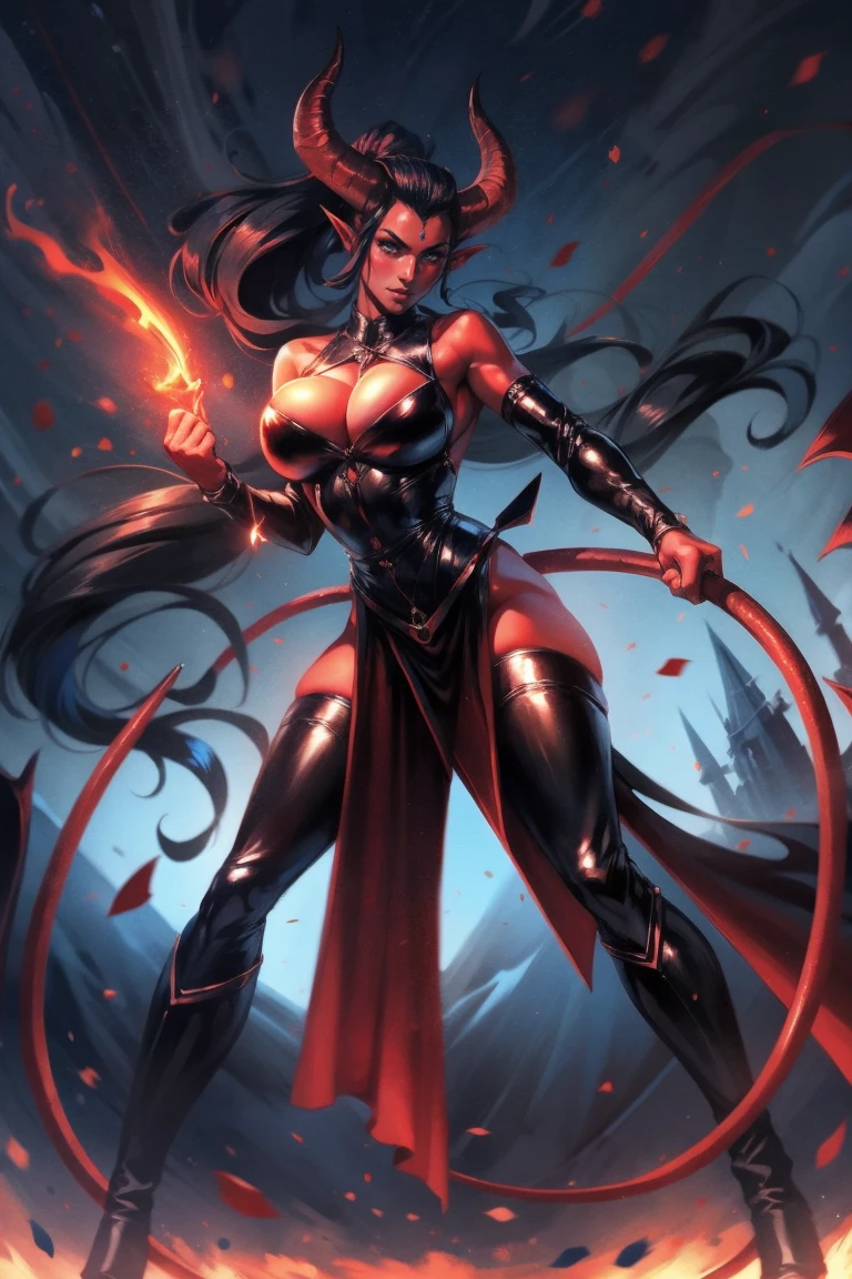 Red skin succubus tiefling, medium breasts, black horns, wings, huge tail, black leather, long flowing pelvic curtain, tall, toned, graceful, thin, long black ponytail. Action scene, whip. Dark scene, explosions, night sky.