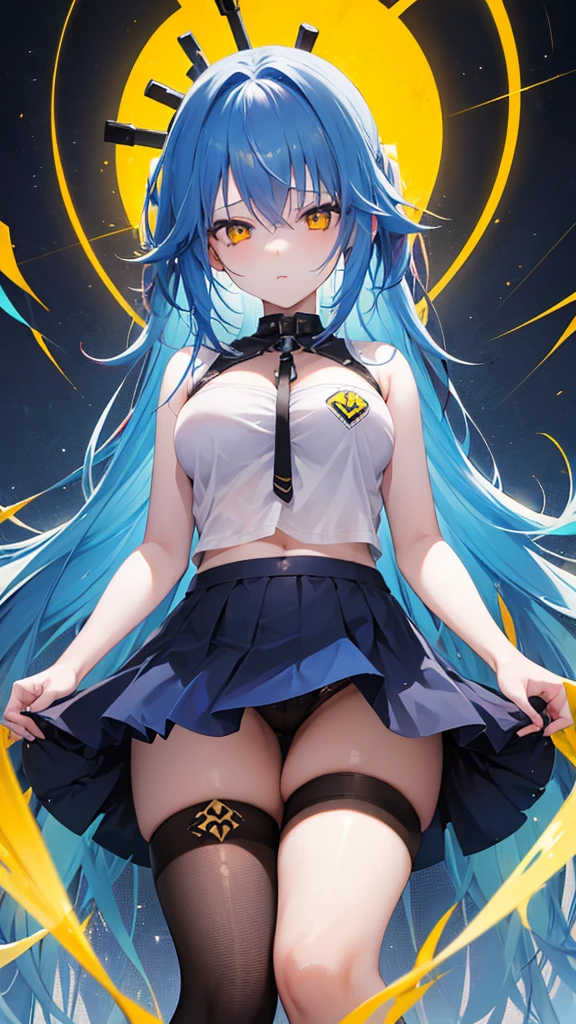 A girl, blue hair, yellow eyes, long hair, forehead, punk-girl (grs-), gun to head, {heart shaped pupils},From below, above the thighs,A girl, blue hair, yellow eyes, long hair, forehead, Empire