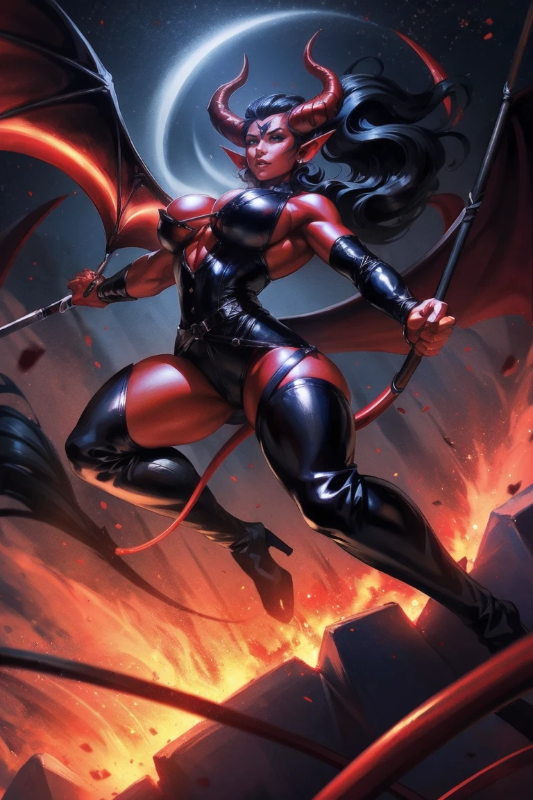 Red skin succubus tiefling, medium breasts, black horns, wings, huge tail, black leather, tall, toned, graceful, thin, long black ponytail. Action scene, whip. Dark scene, explosions, night sky.