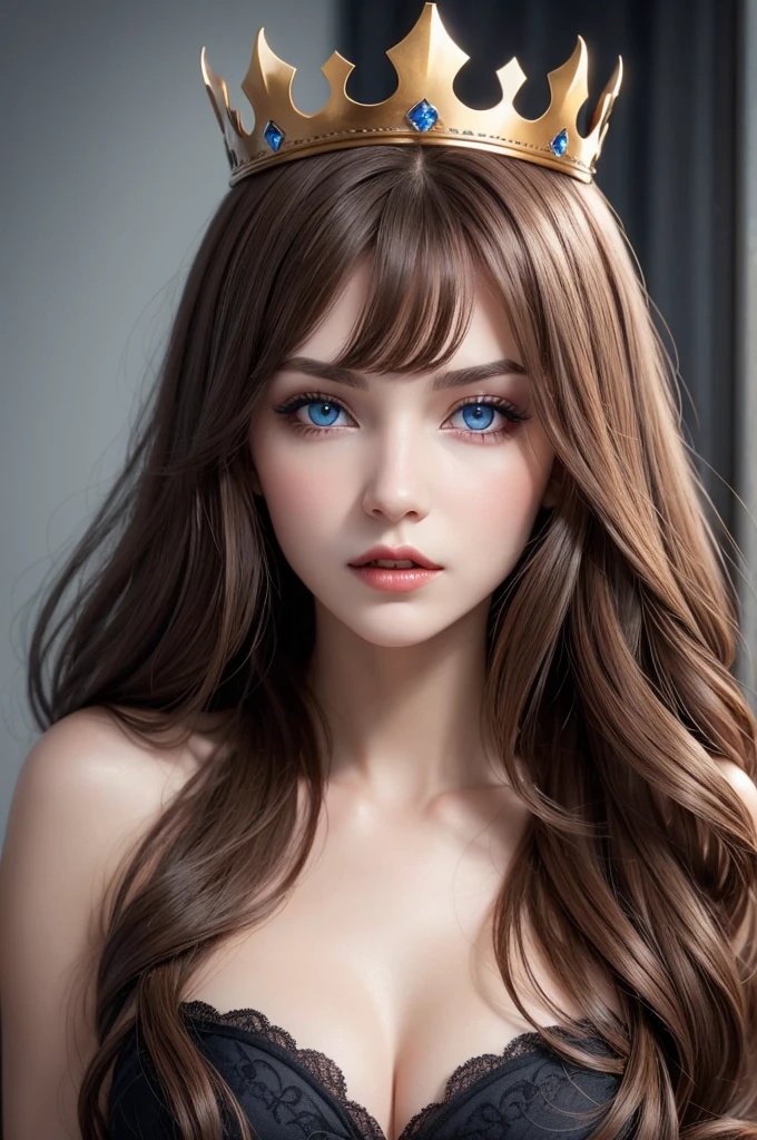 make a beautiful vampire with light brown hair and grayish blue eyes, she is sexy and has a crown