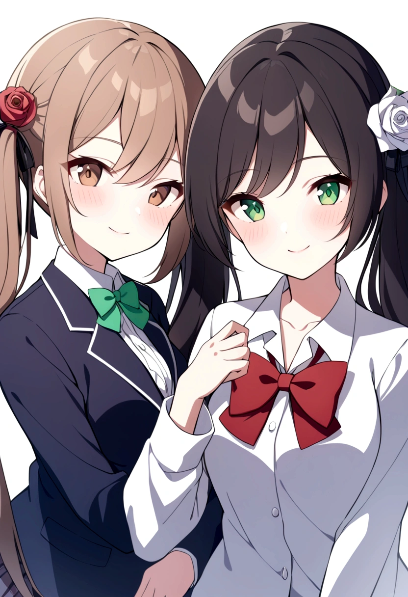 slender, mature female, multiple_girls, 2girls, flower, bow, brown_hair, ribbon, long_hair, long_sleeves, hair_ribbon, black_hair, hair_flower, hair_ornament, bowtie, dress, jacket, green_eyes, brown_eyes, school_uniform, shirt, blazer, rose, white_shirt, blush, collared_shirt, looking_at_viewer, twintails, sisters, siblings, smile, frills