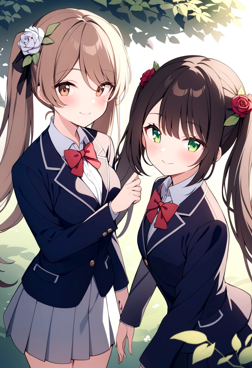 slender, mature female, multiple_girls, 2girls, flower, bow, brown_hair, ribbon, long_hair, long_sleeves, hair_ribbon, black_hair, hair_flower, hair_ornament, bowtie, dress, jacket, green_eyes, brown_eyes, school_uniform, shirt, blazer, rose, white_shirt, blush, collared_shirt, looking_at_viewer, twintails, sisters, siblings, smile, frills