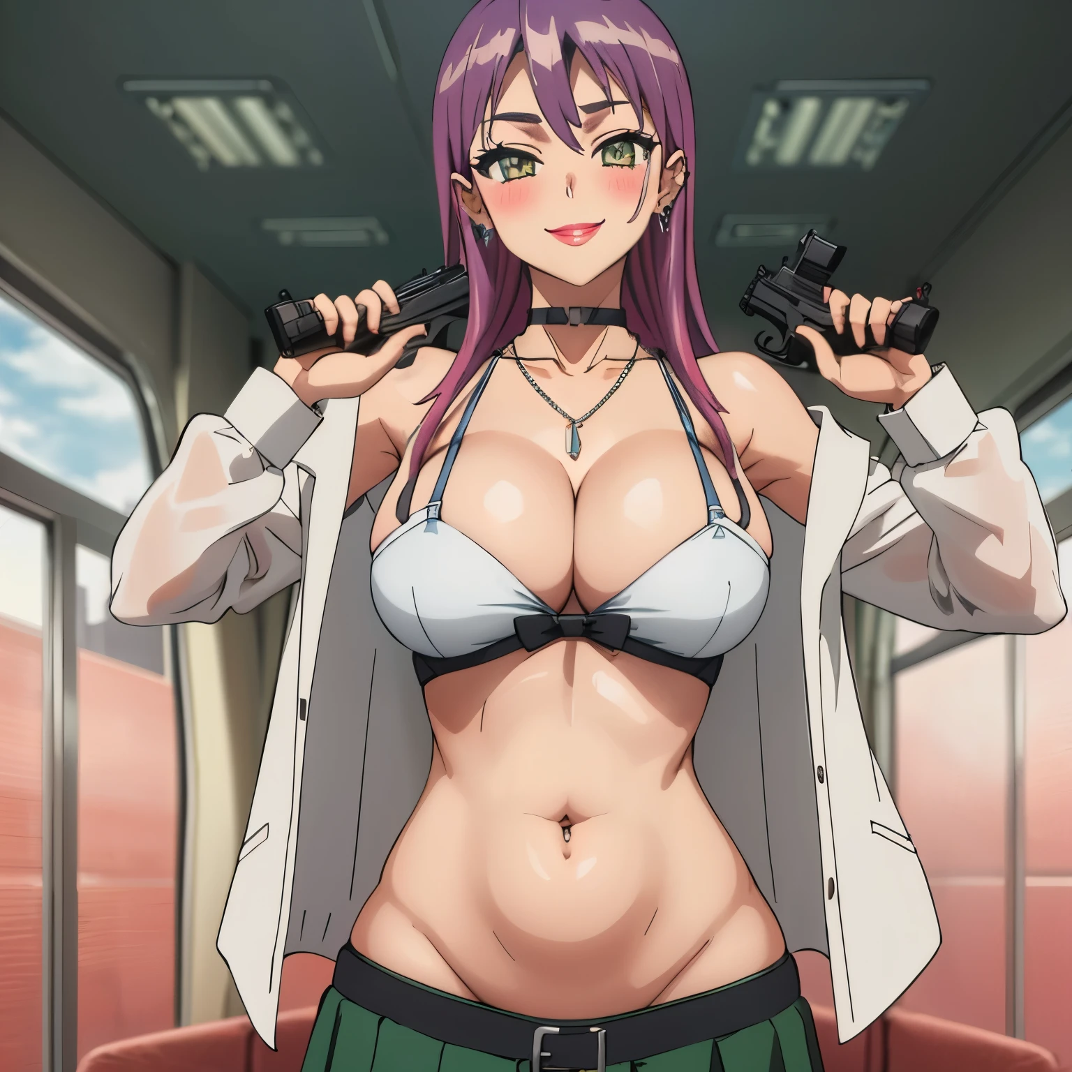 2girl, two girl, long hair, long hair, choker, ear piercing, navel piercing, blush, lipstick, masterpiece, best quality, ((unbuttoned , cleavage, necklace, earrings, sexy body,
breasts)) , micro skirt, smiling, navel , exposed belly, exposed navel,,school, knot,
classroom , holding a gun, hold a gun,