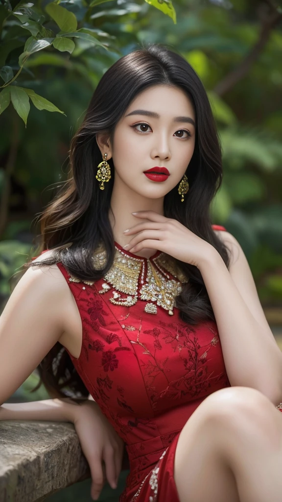 masterpiece, best quality,
heeled sandals, beautiful landscape, trees,Wearing a long floral dress ,cosmetic, (lipstick: 1.1), (Eyeliner: 1.2), mascara, An Asian Japanese woman,25 years old,big eyes,elegant temperament elegant temperament,(masterpiece:1.2, best quality), Practical, (The true situation,25 years old, Intricate details, Depth of Field), careful, The content is very detailed, This is a perfect face, Perfect body, Large Model, Mature woman, High,8K,best quality, masterpiece, Ultra-high resolution,(lifelike:1.4), original photo, Stay focused, detailed, Dramatic, Exquisite beautiful woman, (tall and straight:1.1),,half butterfly earrings, double ring necklace, (:1.05), (25 years old, : 1.4),Long curly hair, Dynamic angle, (red lips)