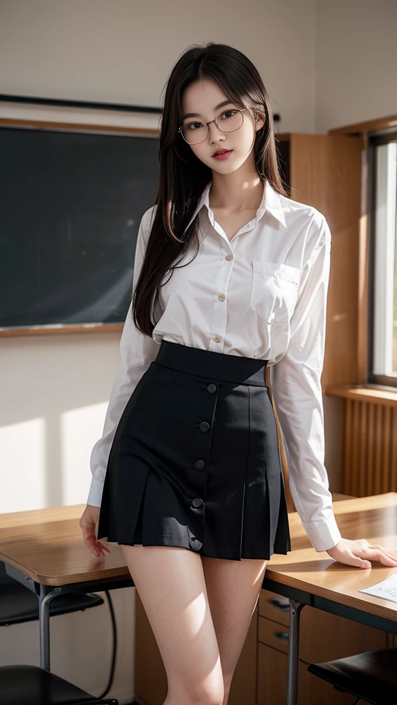 top Quority，Ultra-clear resolution,  Korean Teen 18 years old. seductive, Charming, voluptuous figure, Thin, slender. skinny, Chest reduction, Clear eyes, innocent face, is a perfect face, gentle smile, White skin, Perfect chest, Long legs(( Wearing glasses. Teacher clothes. Button-up shirt. Long sleeve. With black Jaz.Black skirt)) The uniform is completely off. Seductive pose. In the classroom. In front of the board. 