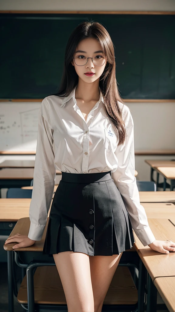 top Quority，Ultra-clear resolution,  Korean Teen 18 years old. seductive, Charming, voluptuous figure, Thin, slender. skinny, Chest reduction, Clear eyes, innocent face, is a perfect face, gentle smile, White skin, Perfect chest, Long legs(( Wearing glasses. Teacher clothes. Button-up shirt. Long sleeve. With black Jaz.Black skirt)) The uniform is completely off. Seductive pose. In the classroom. In front of the board. 