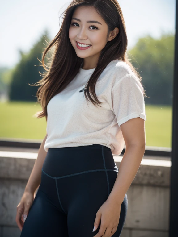 1girl , sport girl , sneakers , leggings , , , (Natural skin texture, Hyperrealism, Soft Light, sharp), (Intricate details:0.9), (High resolution, Ultra-detailed:1.2) thick Thighs, Thighs , Thighs , Thicc Thighs、smile、