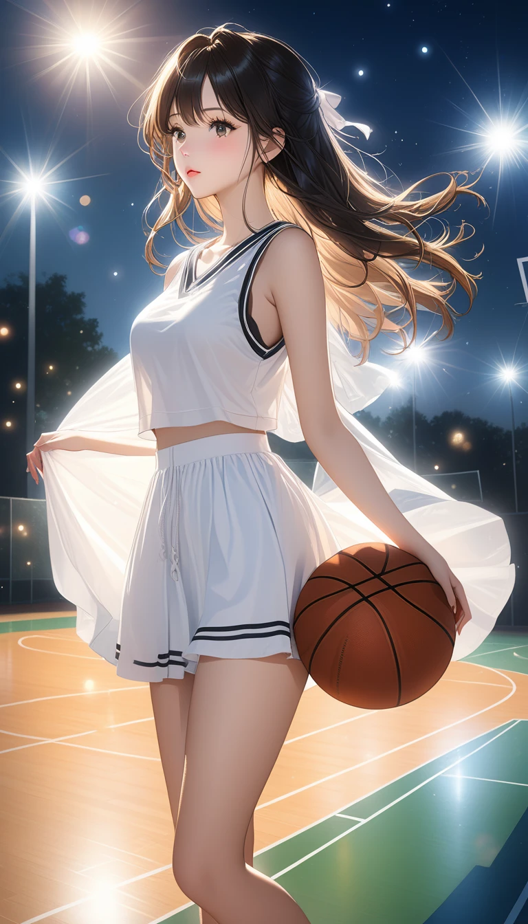 (8K, best quality, masterpiece:1.2), (Practical, photo-Practical:1.37), Extremely detailed,best quality, Ultra-high resolution, Professional lighting, Photon Mapping, Radiosity, Physically Based Rendering, light, Basketball Court,Depth of Field, Clear focus,Sunlight, Good composition,(Bokeh:1.2) 1 Girl,Solitary,(whole body), (Shut up),Beautiful and delicate eyes, posture, Willow Waist,Basketball clothes, Black Hair,Messy hair,Long hair fluttering in the wind,(ulzzang-6500:1.2), Mix 4, High body