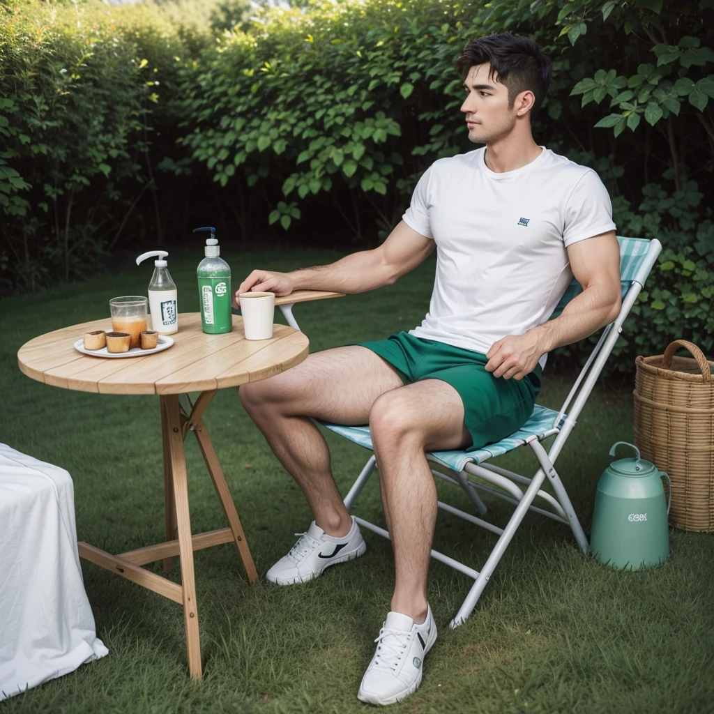 A very handsome man agged 39 yo with athletic body and fringe up hair as if a shower gel advertisement, active, clowded, sits in a white folding chair, a portable folding chair, wearing a green tshirt and casual shorts. A folding table with a portable stove and coffee machine on it is placed on the green grass next to the chair. The setting shows an open field with trees and a lake in the distance