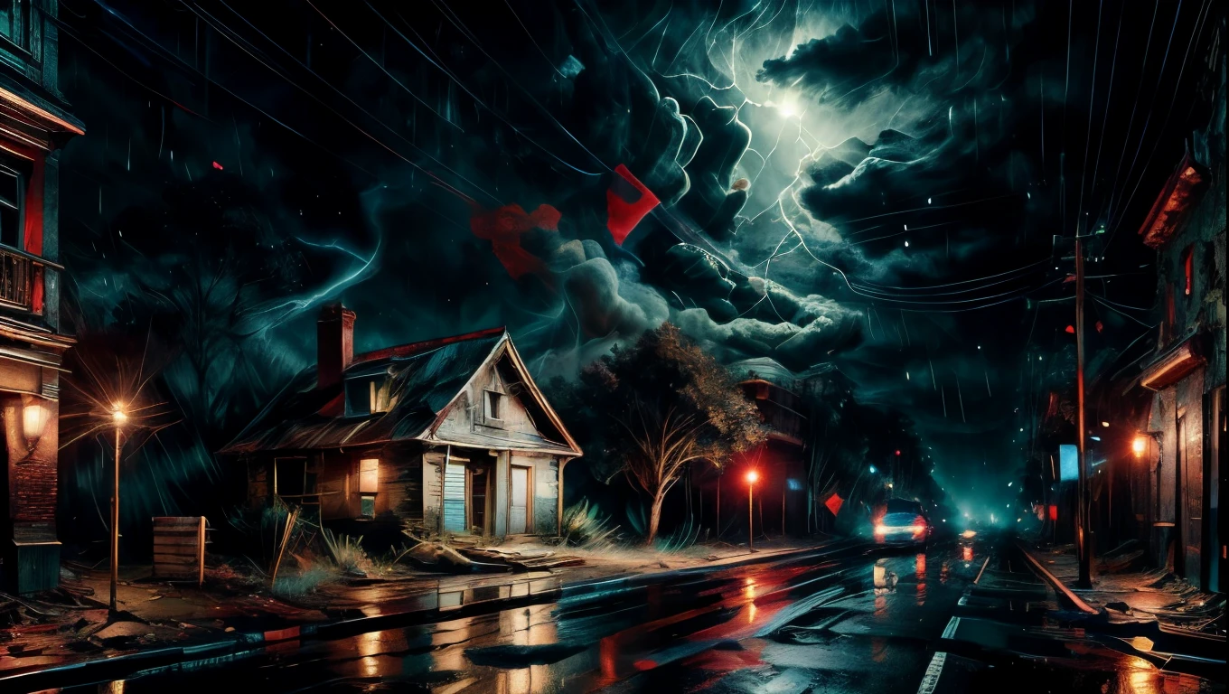 a dilapidated abandoned house at night, rain pouring down, wet roads, dark cloudy sky, smoke and dirt, atmospheric lighting, cinematic mood, dramatic shadows, gritty realism, award winning composition, hyper detailed, intricate details, photographic quality, professional photography, masterpiece, skulls on a background, thunder, tornado