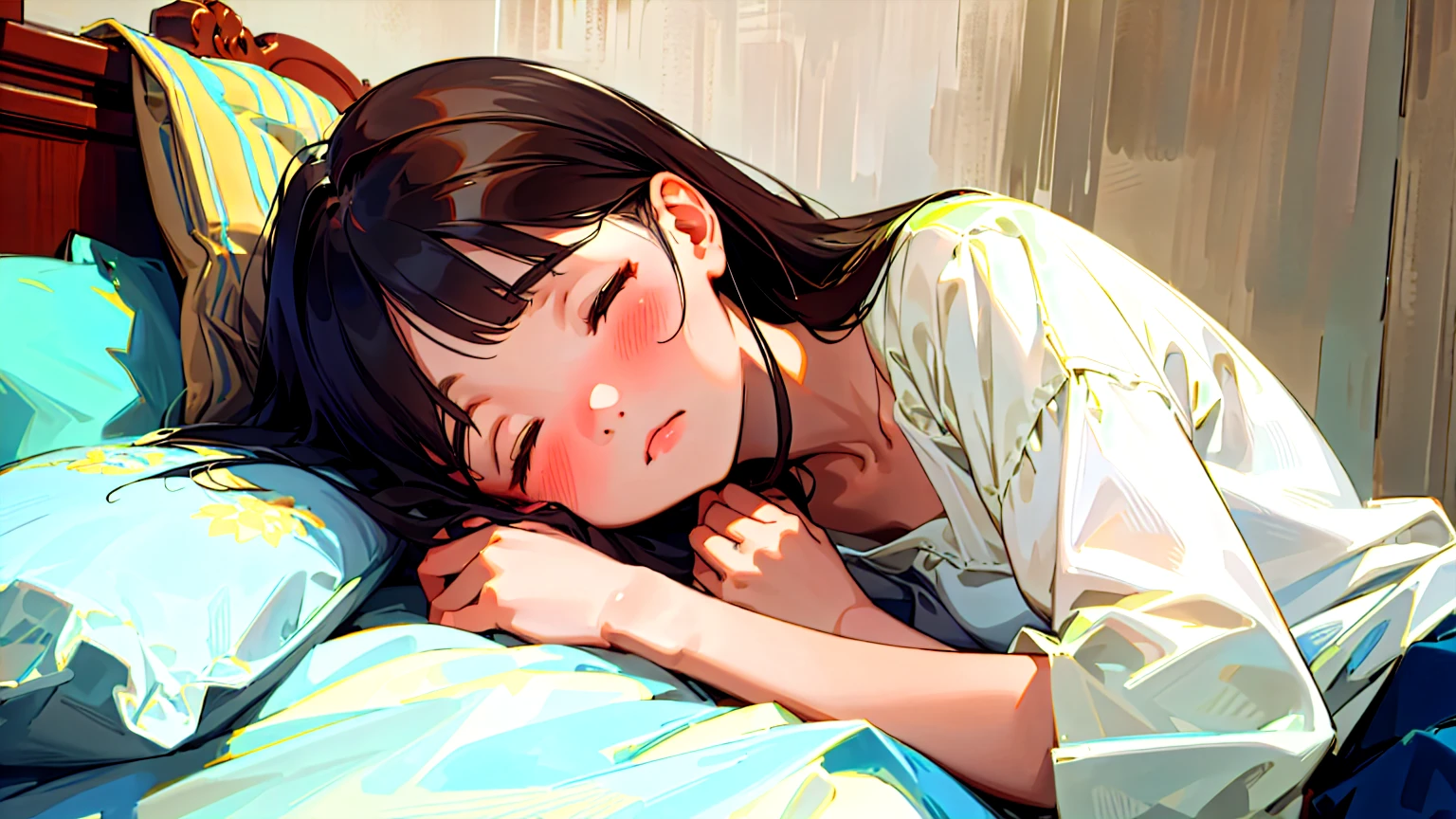 (Highest quality, masterpiece, Ultra-realistic), Beautiful and delicate15Year-old girl portrait, With a calm and gentle expression, The background is the bedroom at home.。While listening to music with headphones、Sleeping。