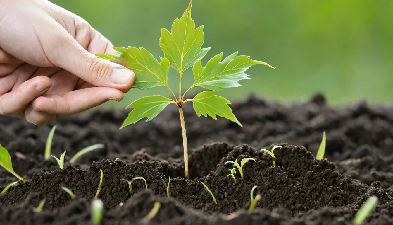 A human hand is lifting a maple tree seedling with soil attached to its roots