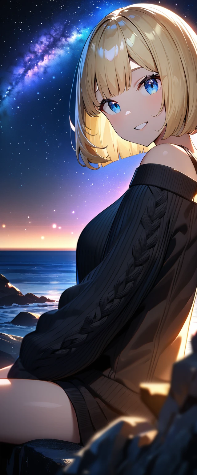 (((a beautiful starry sky, the Milky Way shining beautifully in the night))), ((Aran sweater)), ((((from side)))), (((focus on face))), closeup shot, ((leaning forward)), ((sitting on the very high cliff)), wavy hair, inward curled hair, sea, ((blond hair, bob cut:1.3)), breasts, teenager, (looking at viewer), oversized clothes, puffy long sleeves, ((off-shoulder sweater:1.3, Quite thick shoulder straps)), ((black sweater)), collarbone, head tilt:1.3, (((blue eyes))), happy smile, (((anime style))), (best quality, 4K, 8K, highres, masterpiece:1.2, ultra-detailed, ultra-detailed eyes, HDR, uhd, studio lighting, ultra-fine painting, sharp focus, physically-based rendering, extreme detail description, professional, vivid colors, bokeh)