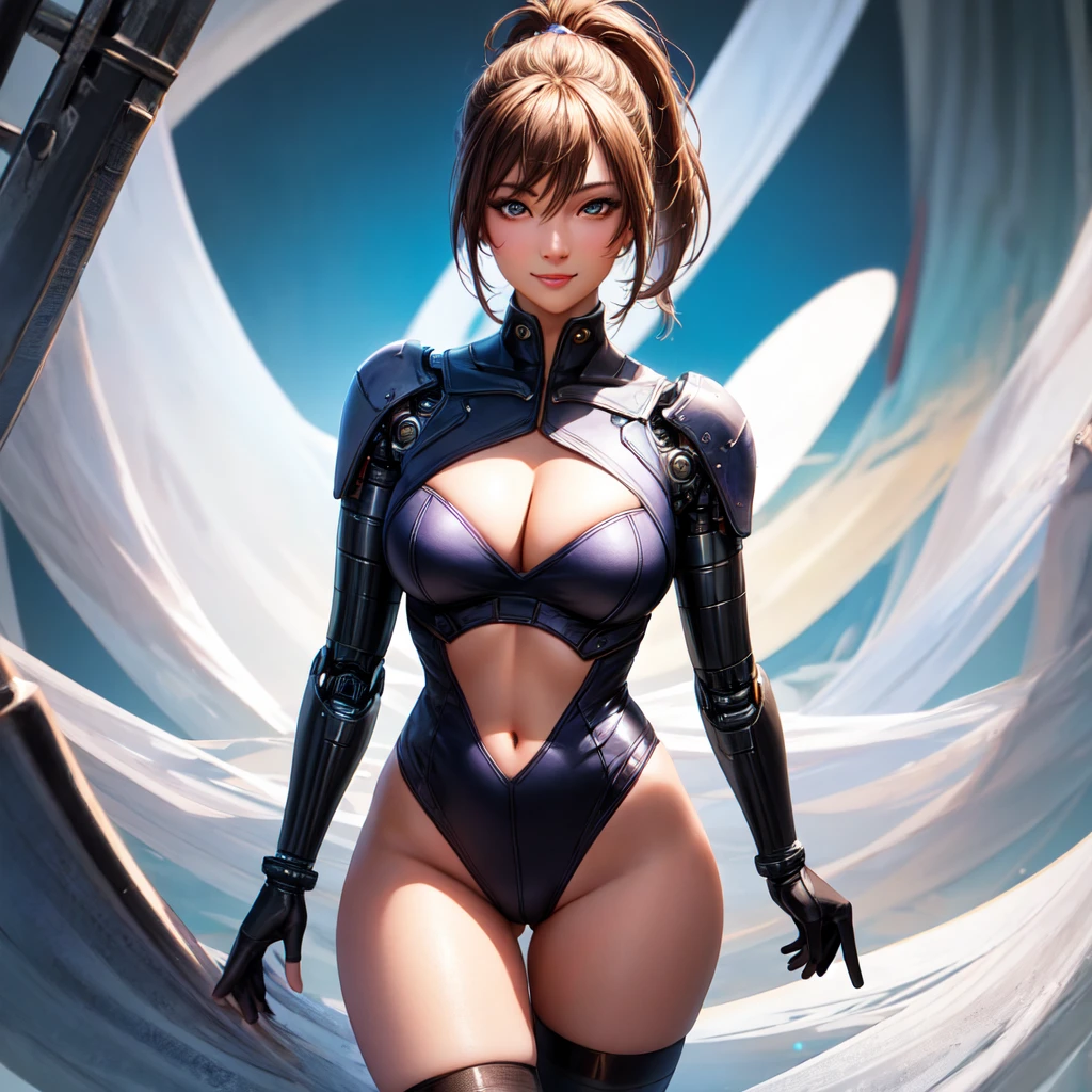 1 girl,(solo),(high-level image quality),(hight quality),(hight resolution),(detailed),(masterpiece),(artwork:1.2),(cowboy shot:1.4), (realistic), (semi-realistic),looking at viewer, Detailed eyes, perfect face, perfect eyes, Detailed face,(soft shading),eve,smile,(cybernetic lingerie suit),eve,(longest ponytail),eyes brown, fingerless gloves, thigh high socks, cleavage,(high heels),(what background), (full body)