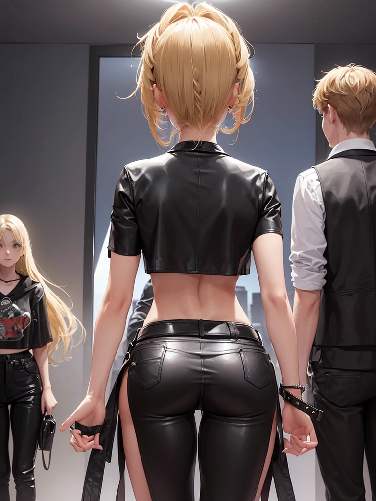 A blonde girl, pretty girl, standing, wearing black leather crop top, wearing black leather pants, pretty, blonde girl, full view, beautiful, a handsome boy Standing in front of her ((backside of the boy)) beautiful tall handsome mascular man, ((man's hair color black)) , 2 persons, 1 girl 1 man, ((girl facing towards camera)), ((boy is looking at the girl)) , ((girl standing straight toward camera)), ((boys's backside towards camera and looking at the girl)) , girl far from the camera, boy near the camera