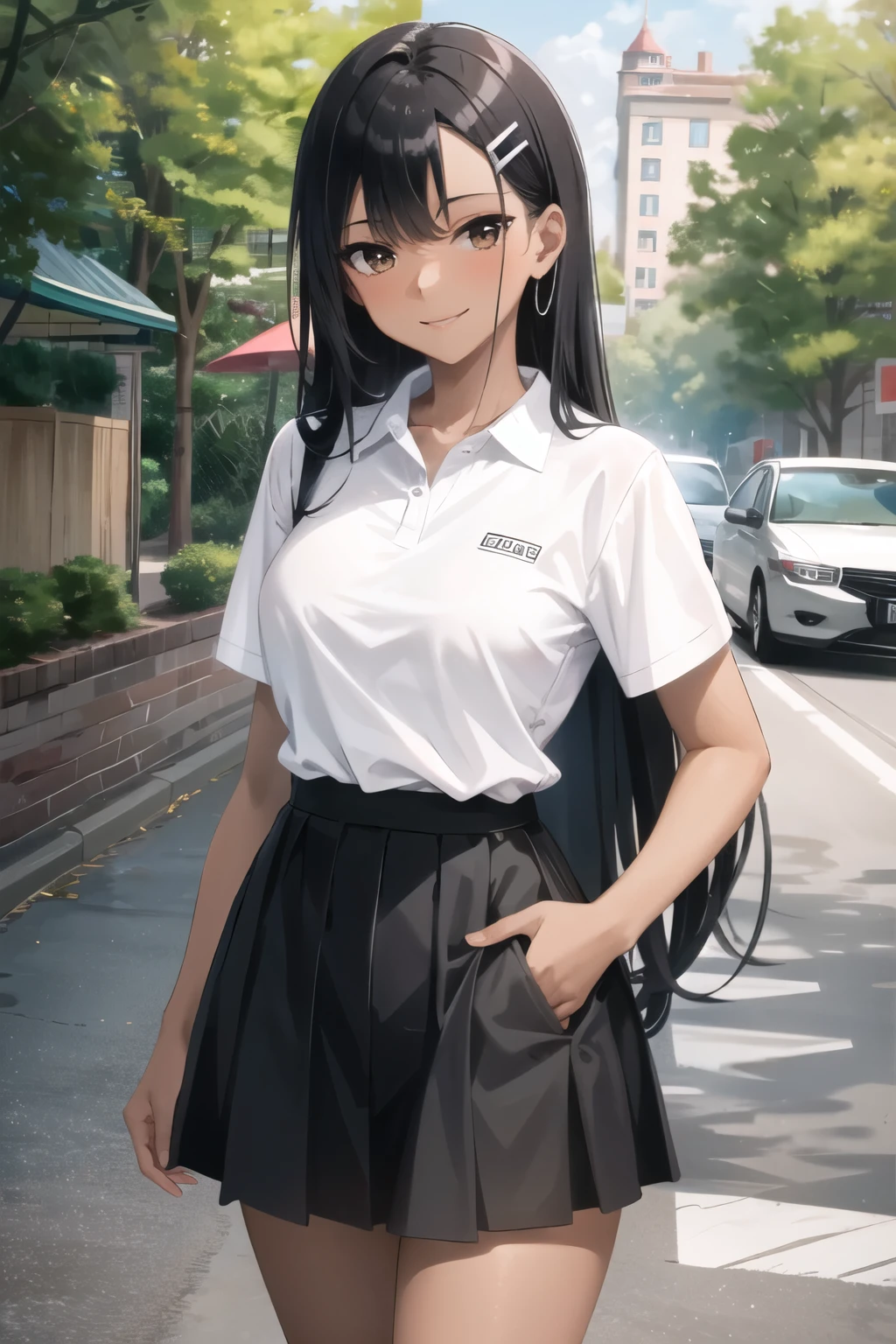 ((best quality)), ((masterpiece)), (details), one girl, sexy ((best quality)), ((masterpiece)), (details), one girl, sexy ((best quality)), ((masterpiece)), (details), one girl, full body,it's_nagatoro_main, Nagatoro Hayase, one girl, blushing, one person, uniform white polo shirt, black hair, brown eyes, hair accessory, looking at viewer, hair clip, smiling, long hair, dark skinned woman, dark skin, , bangs, daytime, skirt, collared shirt, collarbone, ear clip, mouth closed, tree, asymmetrical bangs, upper body