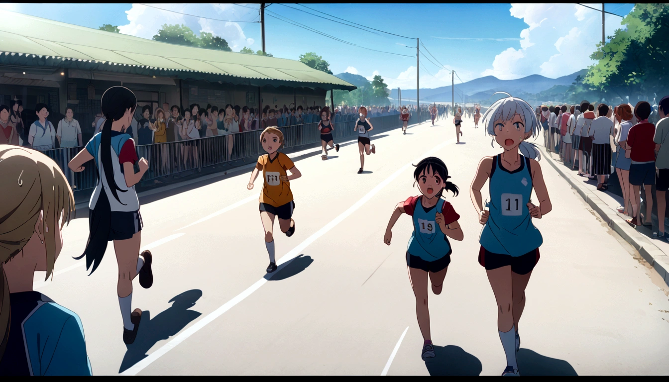 score 9, source anime, wide shot, multiple girls, Women marathoners running on the road while the roadside is packed with spectators, dynamic angle, perfect face, playful expression, low ponytail, sweat, outdoor, blue sky, shiny day, dramatic lighting, cinematic, best quality, 8k, masterpiece, ultra-detailed,