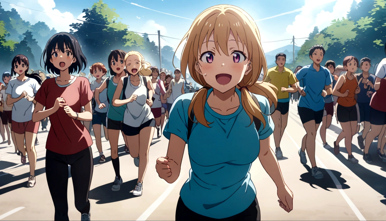 score 9, source anime, wide shot, multiple girls, Women marathoners running on the road while the roadside is packed with spectators, dynamic angle, perfect face, playful expression, low ponytail, sweat, outdoor, blue sky, shiny day, dramatic lighting, cinematic, best quality, 8k, masterpiece, ultra-detailed,