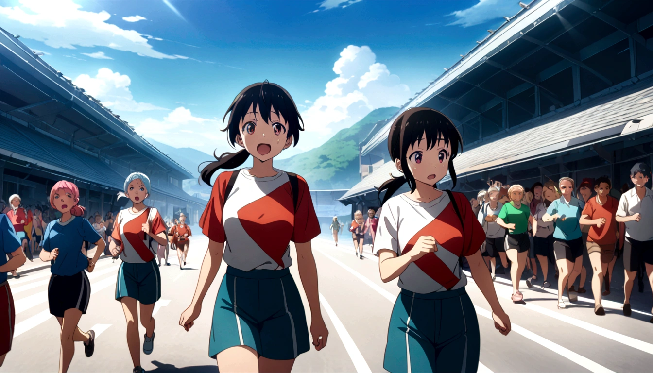 score 9, source anime, wide shot, multiple girls, Women marathoners running on the road while the roadside is packed with spectators, dynamic angle, perfect face, playful expression, low ponytail, sweat, outdoor, blue sky, shiny day, dramatic lighting, cinematic, best quality, 8k, masterpiece, ultra-detailed,
