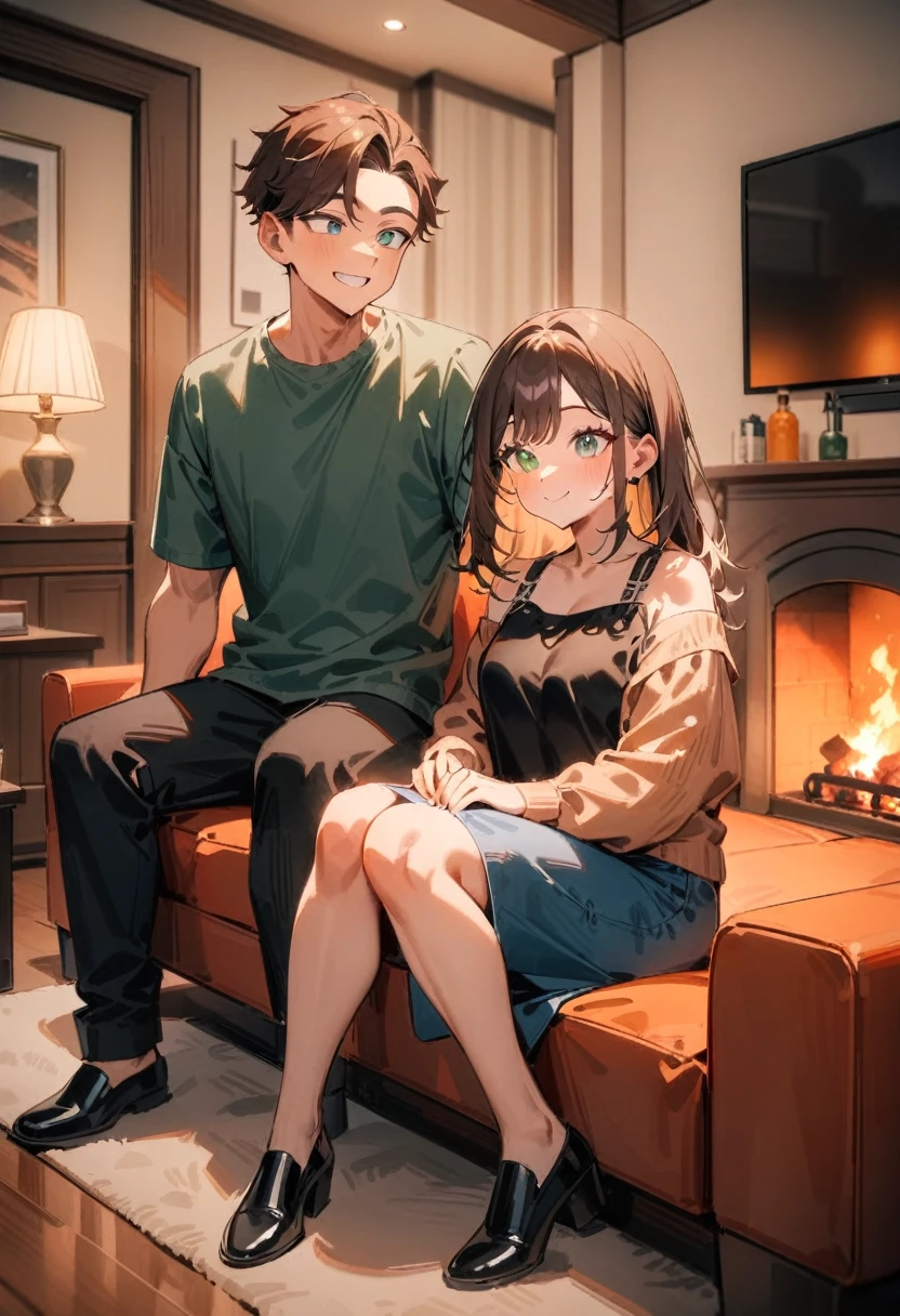 masterpiece, best quality, very aesthetic, absurdres, newest, 1boy, 1girl, young adult man, brown hair, short hair, blue eyes, looking at woman, smiling, young adult woman, brown hair, long hair, green eyes, looking at man, smiling, casual clothing, living room, sofa, fireplace, warm colors, full body