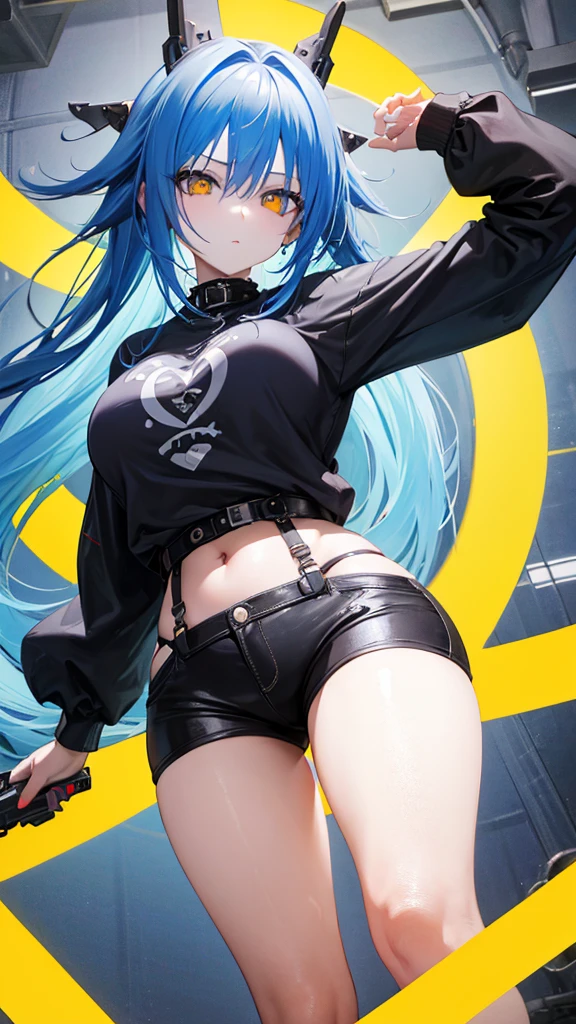 A girl, blue hair, yellow eyes, long hair, forehead, punk-girl (grs-), gun to head, {heart shaped pupils},From below, above the thighs, Empire