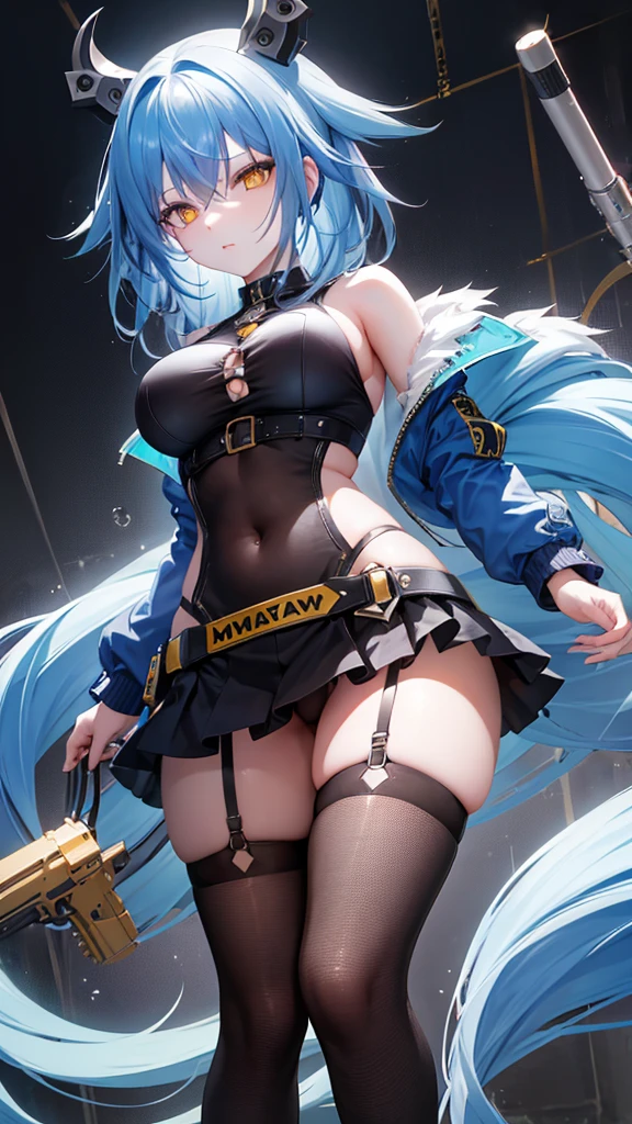 A girl, blue hair, yellow eyes, long hair, forehead, punk-girl (grs-), gun to head, {heart shaped pupils},From below, above the thighs, Empire