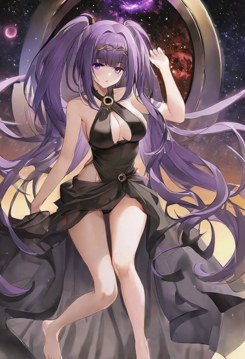 Athena，Extra long purple hair，Purple Eyes，Wearing black silk，Purple one-piece dress，Black one-piece dress，But the one-piece dress is very sexy and revealing，barefoot，A black hole in the universe，Purple and black black hole