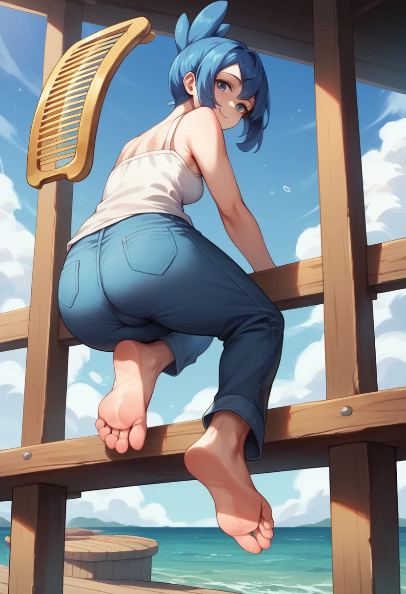 Masterpiece, Best Quality, high resolution, pier and sea in the background, a woman, alone, Blue eyes, short blue hair, blue bangs,funny look, sitting on the dock, smiling, (work) (pokemon), (golden comb in hair), the White shirt, bare shoulders, blue pants, legs stretched and apart, barefoot, hanging suns , head on, (soles), (View from below) pies head on