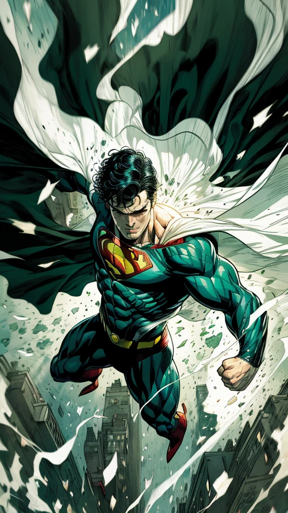 Superman wearing a black suit from synder cut fighting in style, ethereal wind armor, in the style of mdrnkz3