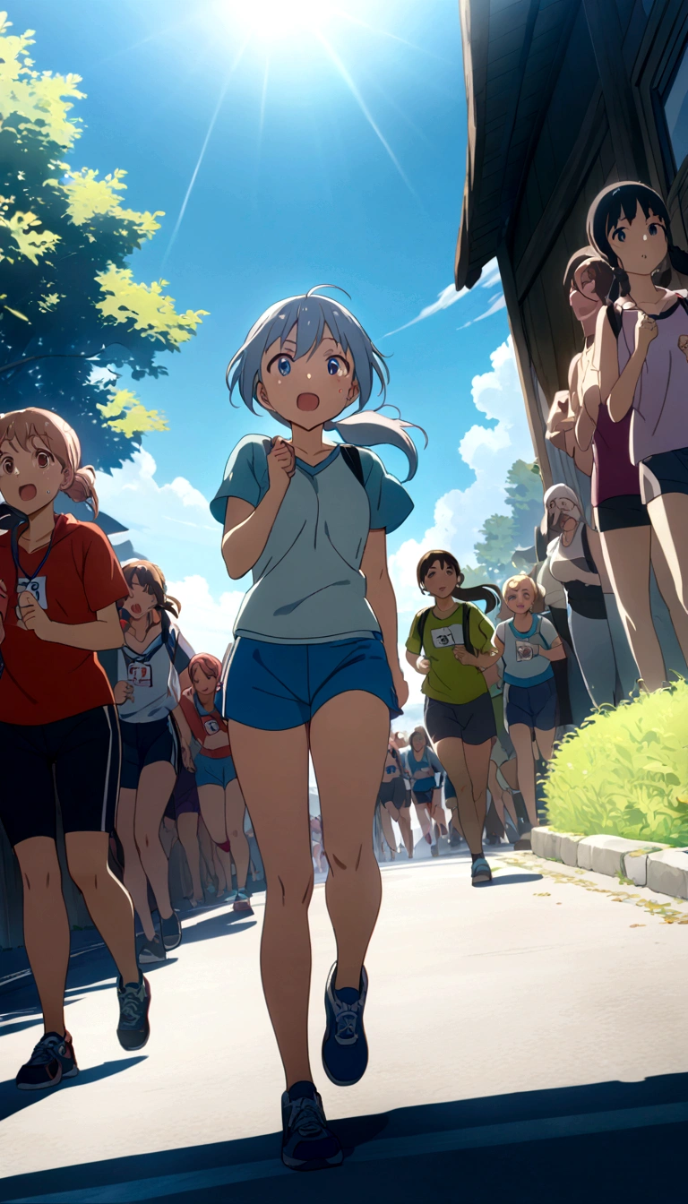 score 9, source anime, wide shot, multiple girls, Women marathoners running on the road while the roadside is packed with spectators, dynamic angle, perfect face, playful expression, low ponytail, sweat, outdoor, blue sky, shiny day, dramatic lighting, cinematic, best quality, 8k, masterpiece, ultra-detailed,