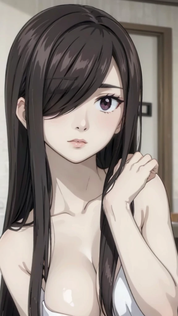 Cute mature women,realistic skin,realistic breast, saggy breast, nipple out,muted colours, cold lighting, pale white skin, mature women,black hair, long hair, (hair over one eye:1.4), Messy hair,straight hair,hair between eyes ,sleepy eyes ,beautiful,pucker lips,charm,pubic hair pussy,dense pubic hair, cute shy blush on
