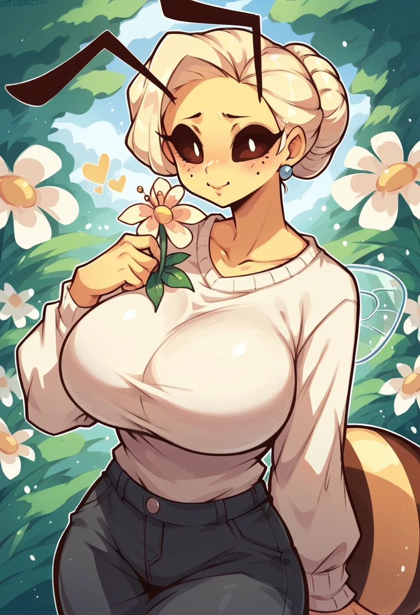 1 queen bee, huge breasts, sweater rasgado, sitted in a flower
