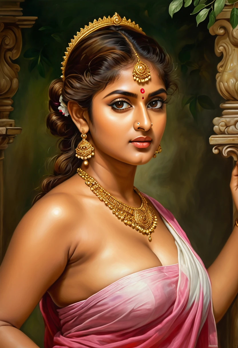 Looks like Nayanthara, exotic Indian art, oviyar maruthi style painting, Masterpiece, Beautiful Thick Woman, Best quality, high clarity eyes, critically flawless,sharp picture, Full portrait, High pixels, perfect face, perfect eyes, beautiful face, perfect hands,perfect fingers, in Peter Paul Rubens style, by Peter Paul Rubens, baroque style, acrylic on canvas, highly detailed, description: "Create a nymph inspired by the tales of Greek or Roman mythology, embodying the essence of a natural element or location, and possessing a unique ability or trait that sets her apart."