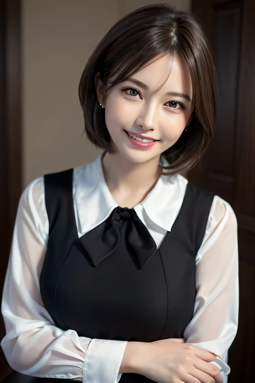 ((masterpiece)), ((Highest quality)), ((Complex)), ((Surreal)), (Realistic), (Mature Woman), ((There are no classes)), Very detailed, (1 female), Beautiful and exquisite, (Beautiful Teeth), Grin, Brunette Bob Hair, Brown eyes, ((blouse)), (Upper Body), (background:none), Perfect Eyes, Captivating eyes, Looking at the audience