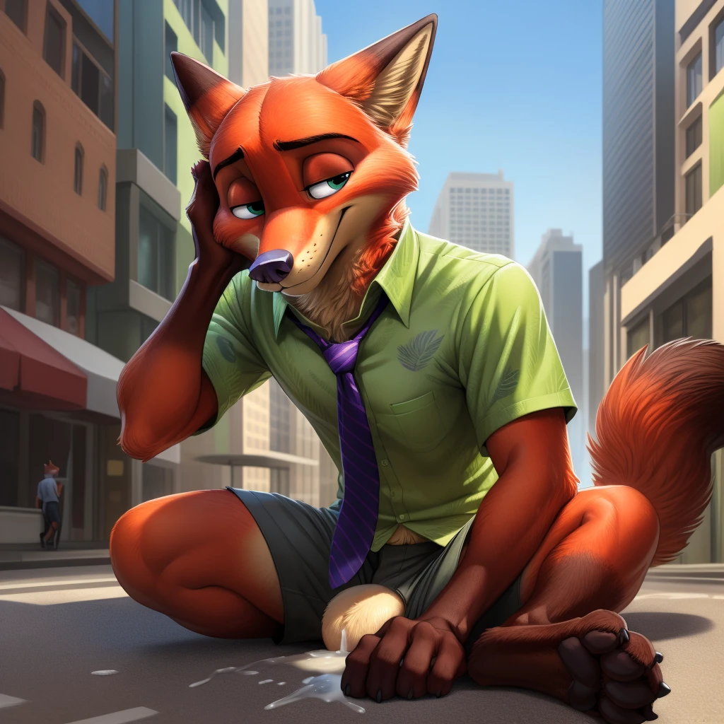 by Oaks16, by Wildering, by Albrecht Anker, solo (nick wilde) , anthro fox,tight green shirt,tight shorts, purple stripes necktie, blue eyes, sitting on floor in city center outside restaurants, three-quarter view, looking at viewer, hand on cheek, BREAK , detailed background), masterpiece, best quality, 4k, 2k, high detail, absurd res macro size; growing, red blush on the cheek embarrassed face bulge head  paws focus too big giant size difference giant penis and testicles handjob cum on body and face everywhere hand on buildings, city with people,  nick wilde has mega big size in the city