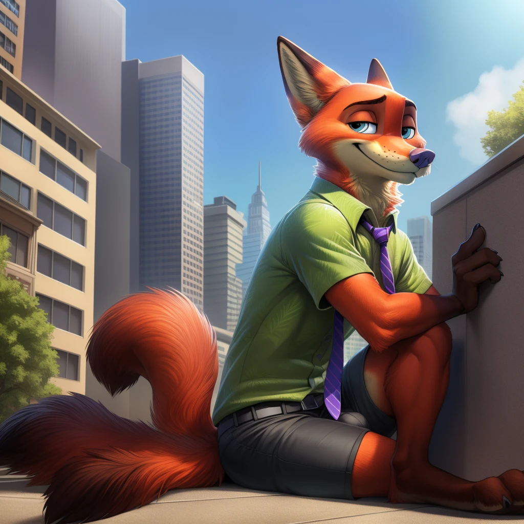 by Oaks16, by Wildering, by Albrecht Anker, solo (nick wilde) , anthro fox,tight green shirt,tight shorts, purple stripes necktie, blue eyes, sitting on floor in city center outside restaurants, three-quarter view, looking at viewer, hand on cheek, BREAK , detailed background), masterpiece, best quality, 4k, 2k, high detail, absurd res macro size; growing, red blush on the cheek embarrassed face bulge head paws focus too big giant size difference giant penis and testicles handjob cum on body and face everywhere hand on buildings, city with people, nick wilde has mega big size in the city