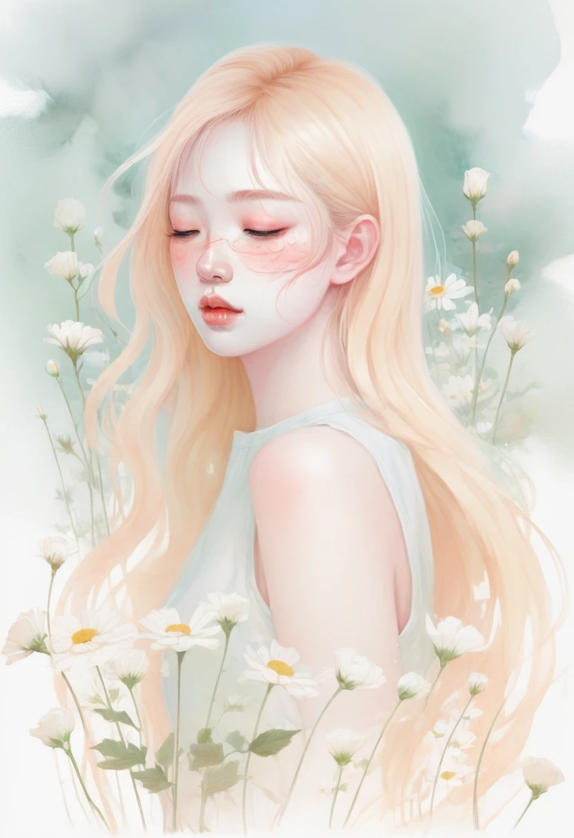 (mist:1.5),Soft space,Soft tones,dream,Hazy and mysterious,大量mist和白色小花覆盖,Soft tones,Light style,Comfortable and calm,nature,Warm and cosy,Modern illustration elements。Tranquility、Pure atmosphere,blond woman with white flowers covering her face and eyes, inspired by Hsiao-Ron Cheng, inspired by Yanjun Cheng, by Ayami Kojima, by Hsiao-Ron Cheng, by Yanjun Cheng, Guweiz, artwork in the style of Guweiz, by Eizan It's a gift, cake, james jean and wlop