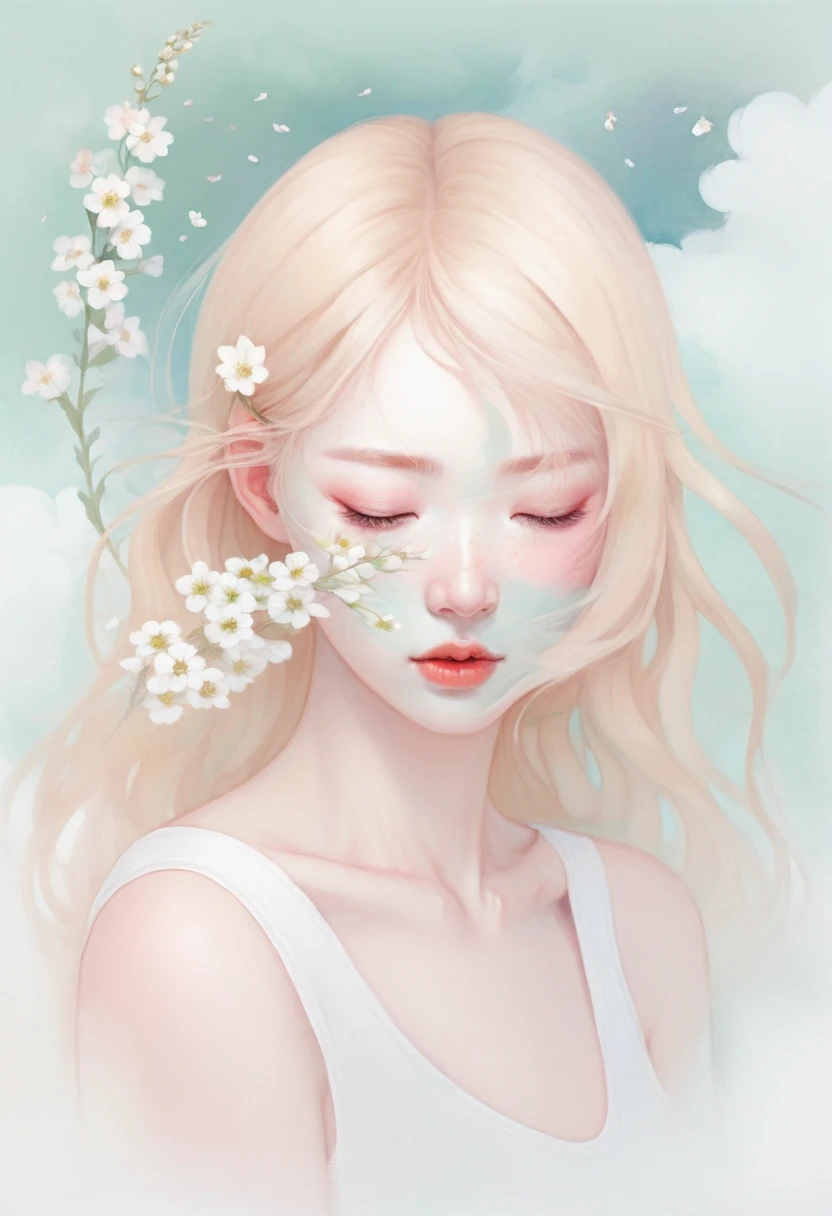 (mist:1.5)，Soft space，Soft tones，dream，Hazy and mysterious，大量mist和白色小花覆盖，Soft tones，Light style，Comfortable and calm，nature，Warm and cosy，Modern illustration elements。Tranquility、Pure atmosphere，blond woman with white flowers covering her face and eyes, inspired by Hsiao-Ron Cheng, inspired by Yanjun Cheng, by Ayami Kojima, by Hsiao-Ron Cheng, by Yanjun Cheng, Guweiz, artwork in the style of Guweiz, by Eizan It&#39;s a gift, cake, james jean and wlop