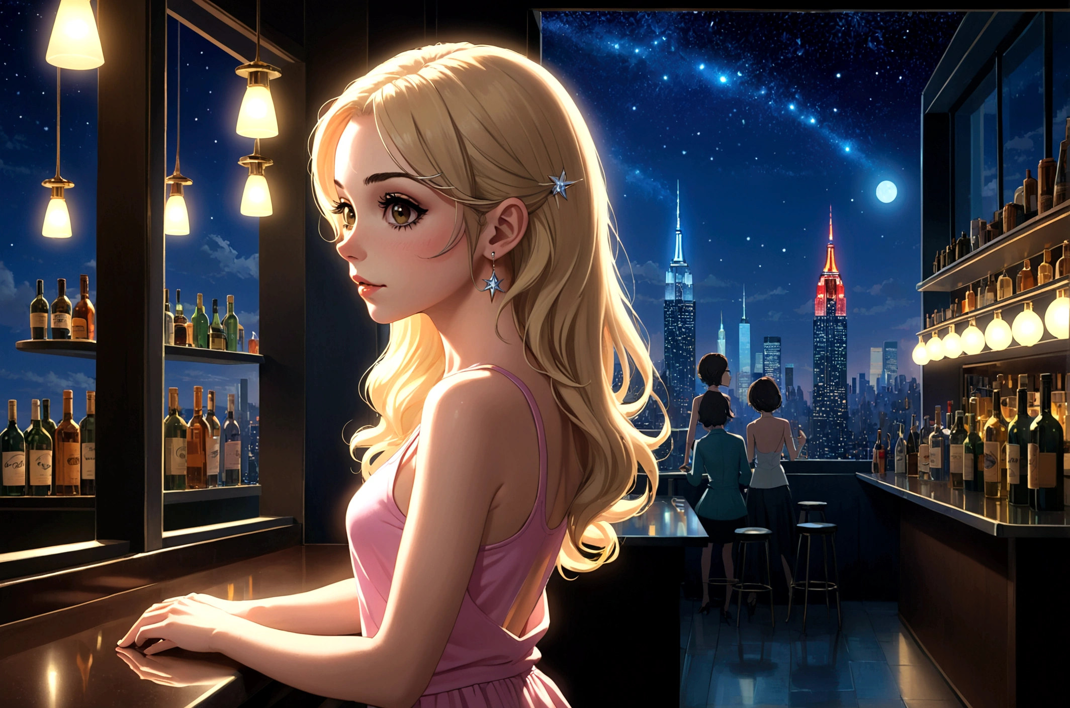 Uses Makoto Shinkai&#39;The depiction is perfect,Portrait of Cher Lloyd,8k 4k masterpiece photo ,new york,Glass ceiling jazz bar,I can see the twinkling stars through the glass window.,that&#39;Outside in the dark night,Jazz is playing,Profile close-up,Beautiful profile,Semi-long hair,Blonde,Look in a different direction,Standing alone at the counter,A tight fitting pink tank top,Large bust